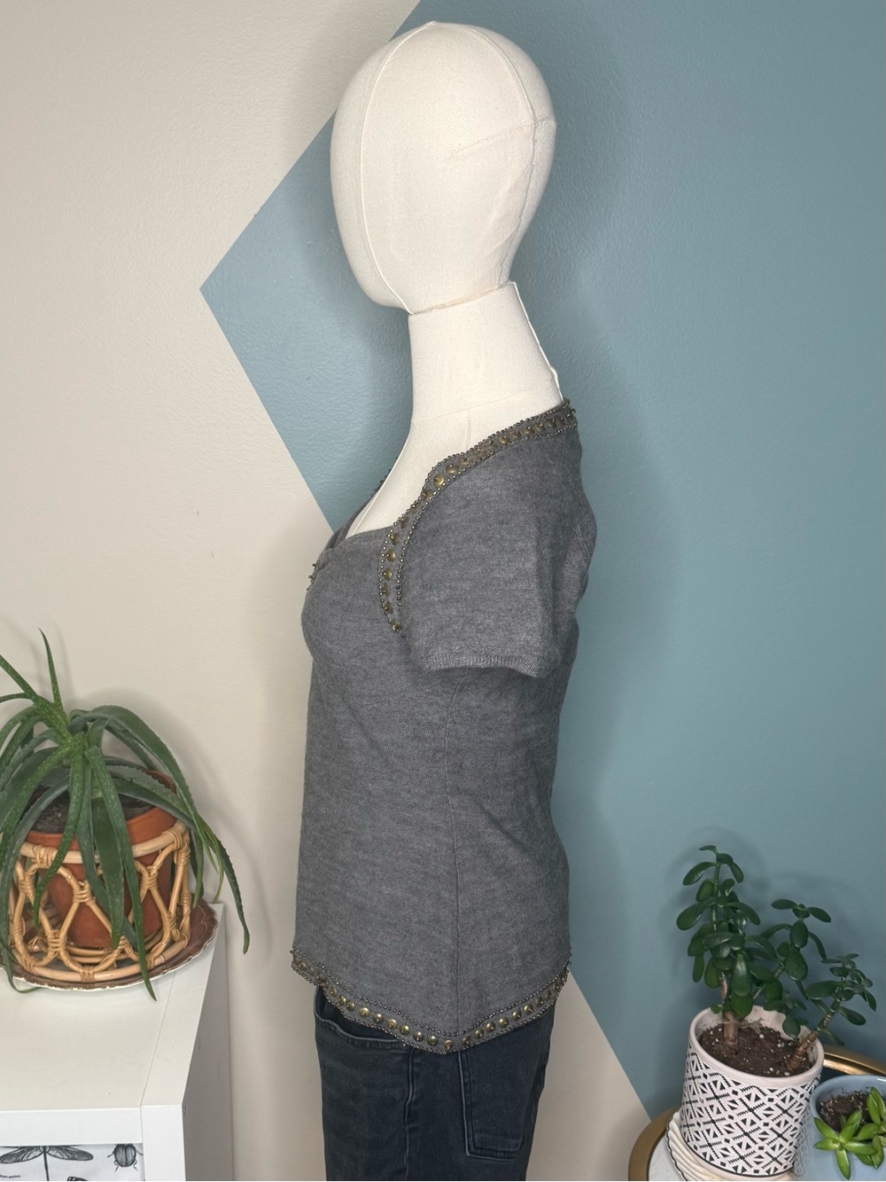 Taryn Rose 100% Merino Wool Studded Sweater Y2K Boho Glam Gray S - Picture 3 of 12